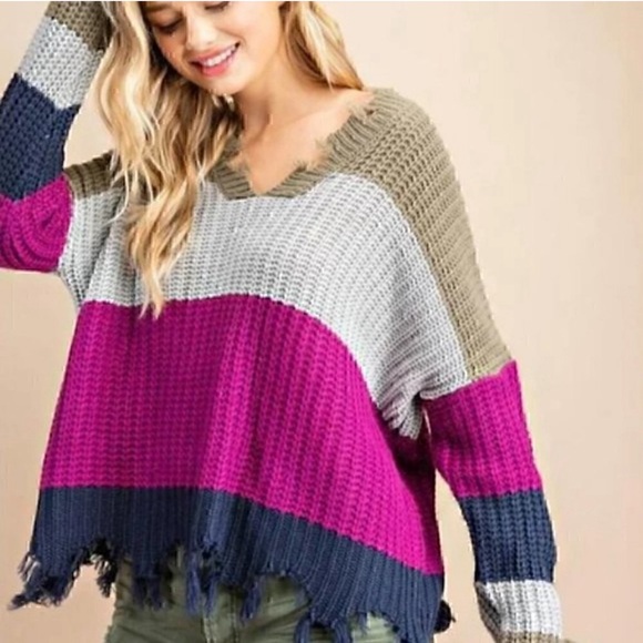 EE:SOME Olive Green Gray Purple Colorblock Striped Chunky Distressed - Picture 2 of 12